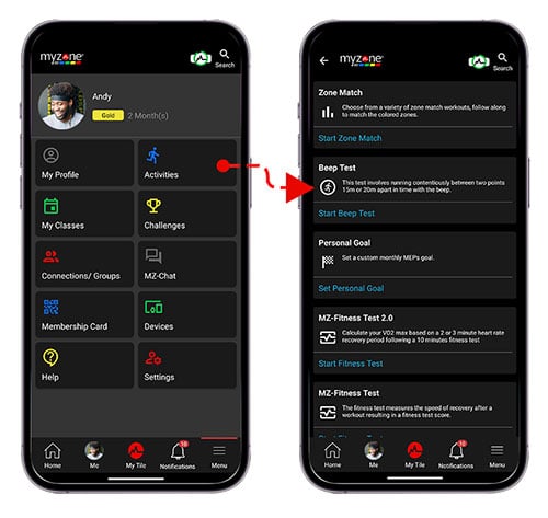 The Myzone app showing how to take a beep test