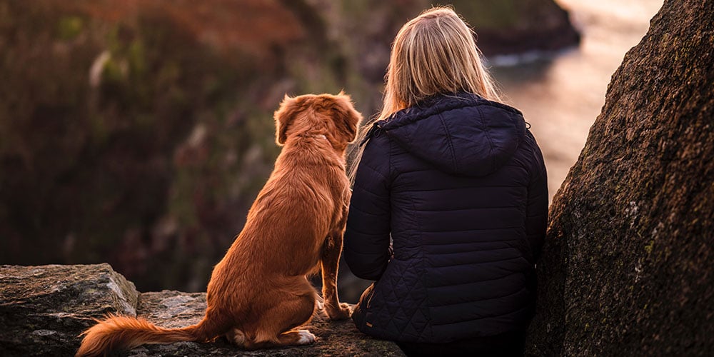 Dog and a woman overlooking a cliff view