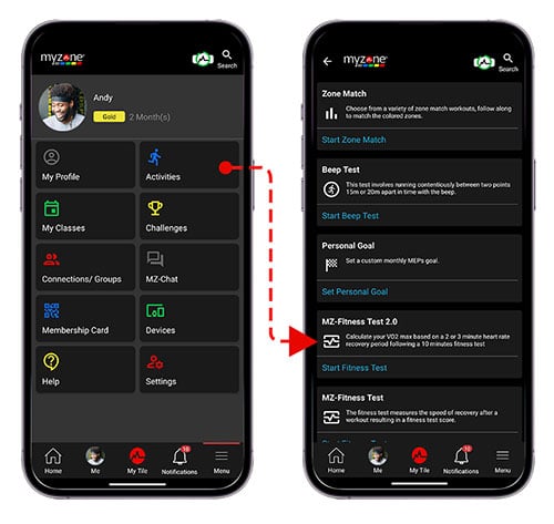 The Myzone app displaying how to access the Fitness Test 2.0