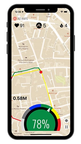 Myzone app showing GPS route and heart rate monitor data together on a smartphone