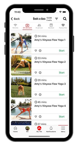 On demand fitness yoga class list displayed in the Myzone app