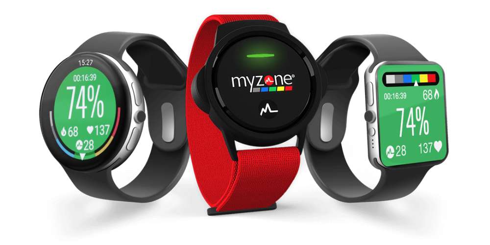 An Android smart watch, Myzone MZ-Switch, and an Apple Watch