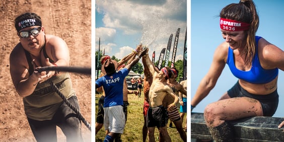 Spartan racer climbing a rope, group celebrating, and another racer overcoming an obstacle