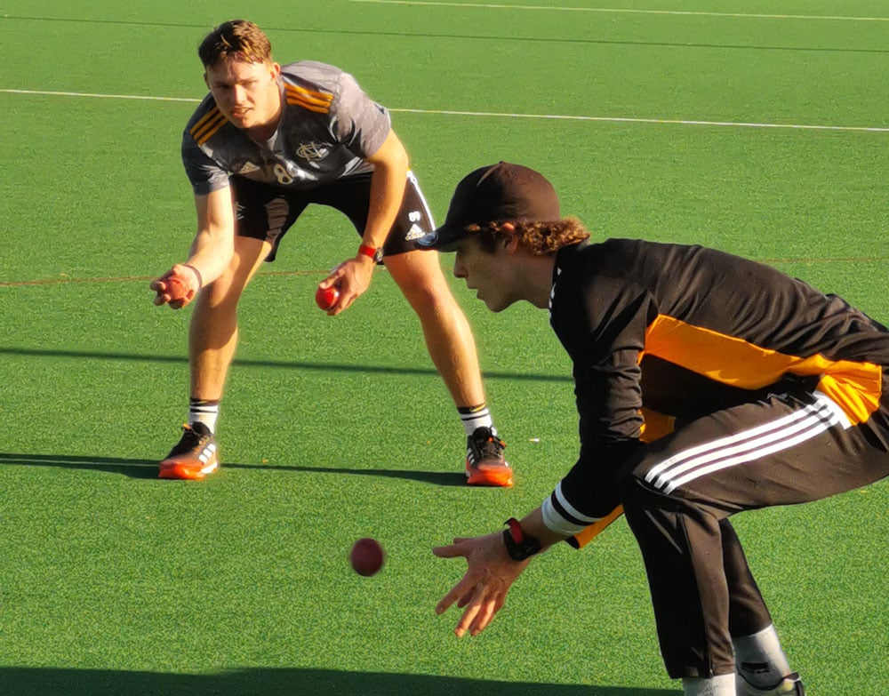 Two cricket players training with cricket balls