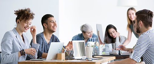 Employees in a happy and healthy work environment