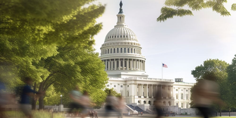 US Congress with active people moving in the foreground