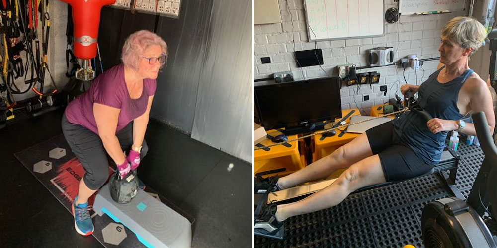 A woman working out with a kettlebell and a woman exercising on a rowing machine