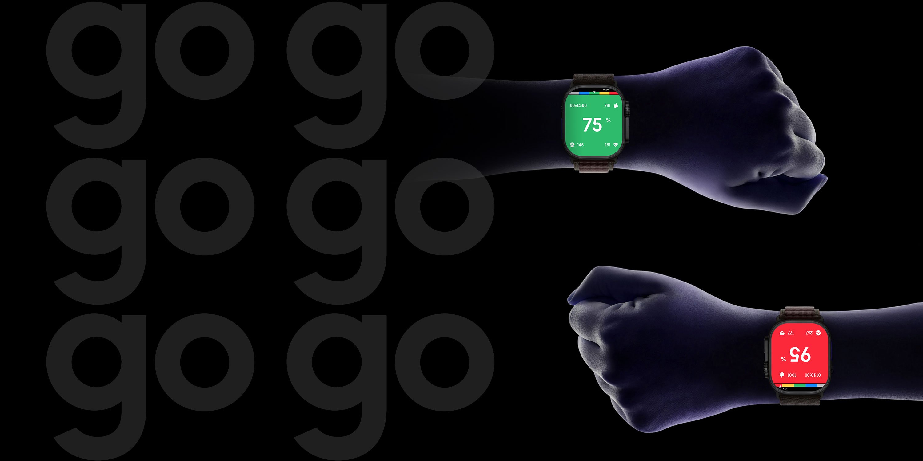 Two people's wrists wearing smartwatches displaying Myzone Go