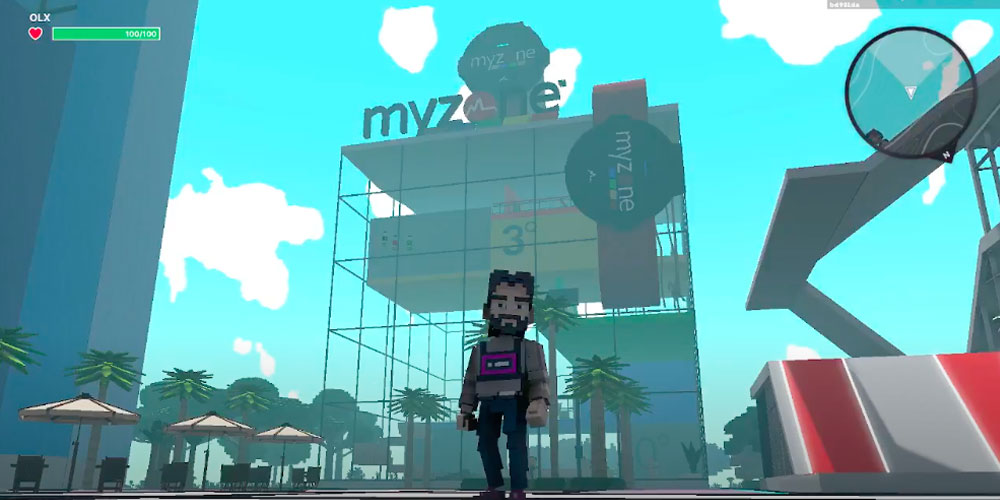 Myzone metaverse building with a playable character standing in front